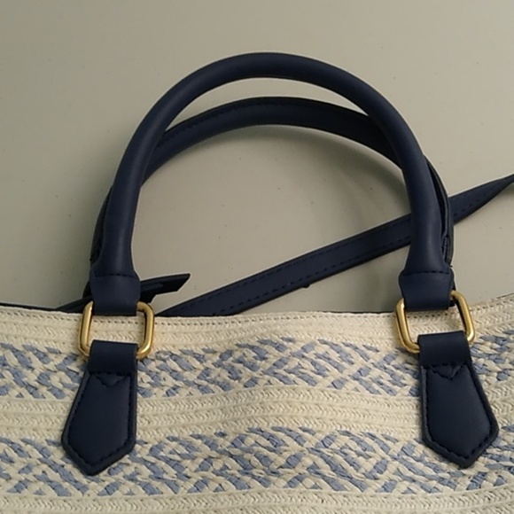 Woven straw like navy & cream NWOT Cottage Core shoulder or handbag purse - Picture 9 of 11